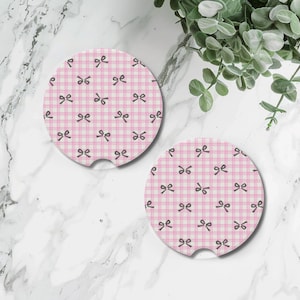 Pink Gingham Car Coasters Set, Coquette Aesthetic Bow Cup Holder Inserts, Kawaii Cottagecore Car Decor Gift