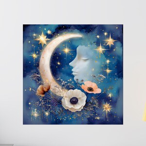 Celestial Decor Goldener Halbmond Mond und Sterne Poster | Boho Witchy Wandkunst | Göttin Wandkunst für Dark Academia & Gothic Wohnkultur