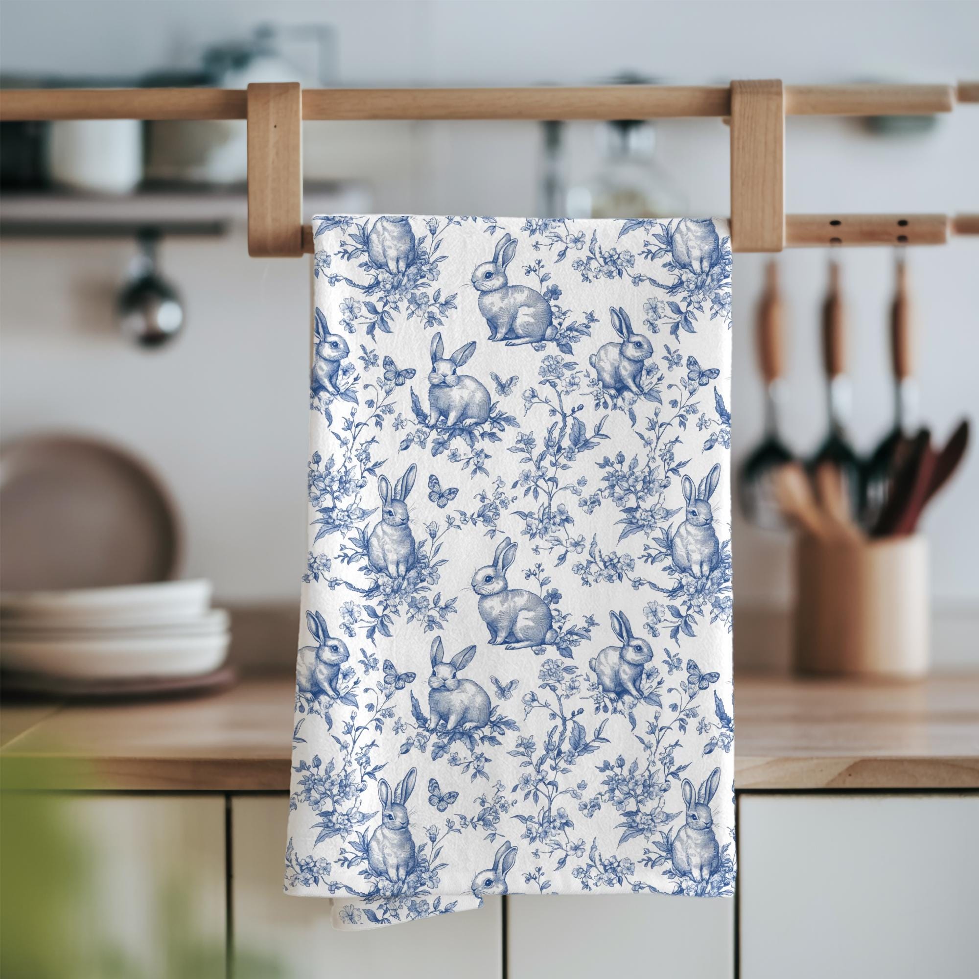 Chinoiserie Bunny Tea Towel: Blue & White French Country Easter Decor