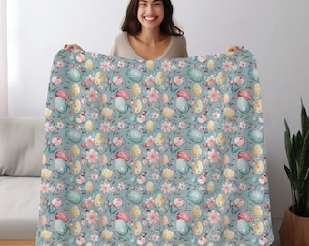 Easter Egg Throw Blanket, Teal Pink Fleece, Floral Spring Pattern