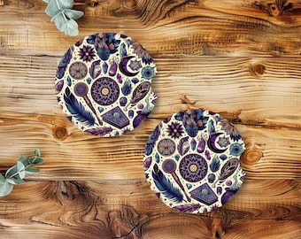Sottobicchiere per auto Boho Celestial Witchy / Design mistico con luna e cristalli / Portabevande assorbente per auto / Accessori spirituali per auto