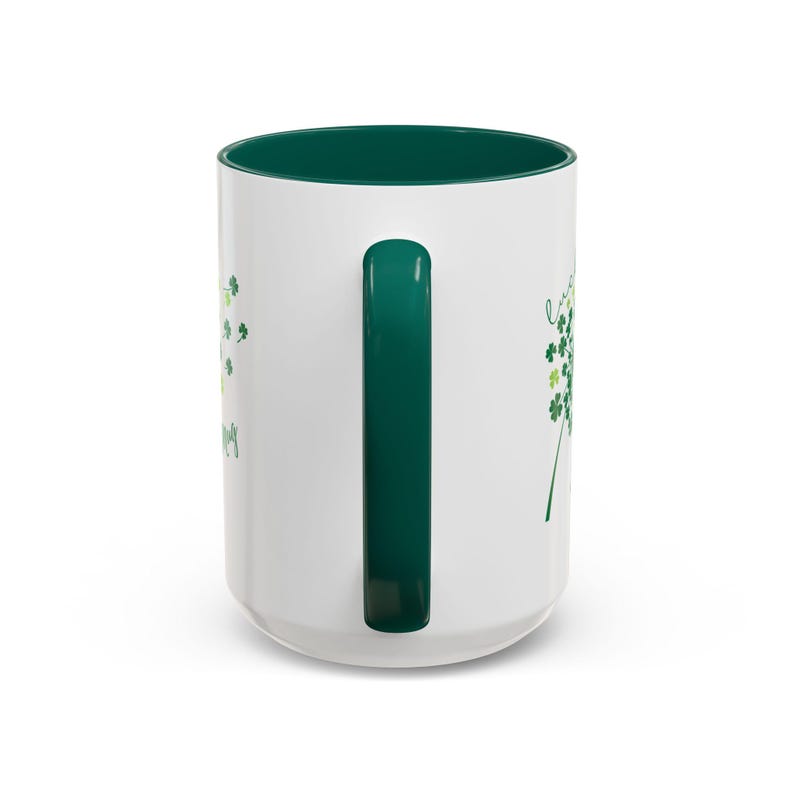 Green Interior & Handle Coffee Cup with Irish Shamrock Design