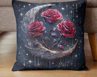 Celestial Moon Rose Pillow - Gothic Crescent Moon Decor - Mystical Floral Throw Pillow - Dark Romantic Lunar Aesthetic - Witchy Home Decor
