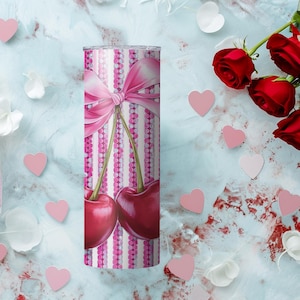Disco Ball Cherries Tumbler | Valentines Day Gift for Her | Coquette Cherry Print Skinny Tumbler | Galentines Day Gift | Teenage Girl Gift