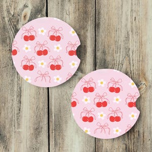 Cherry Car Coaster, Coquette Kawaii Cup Holder, Cute Bow Auto Decor, Pink Vehicle Accessories