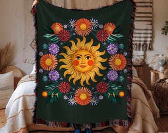 Celestial Sun Woven Blanket, Boho Cotton Throw Blanket, Astrology Home Decor, Witchcore Sun Tapestry Blanket, Gift for Her