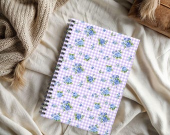 Lavender Gingham Notebook: Blue Rose Floral Journal, Cottagecore Stationery