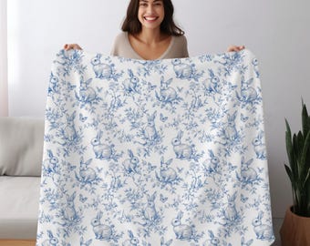 Vintage Chinoiserie Bunny Blanket, Blue Toile Rabbit Throw, Soft Plush Easter Blanket, Cottagecore Spring Decor Gift