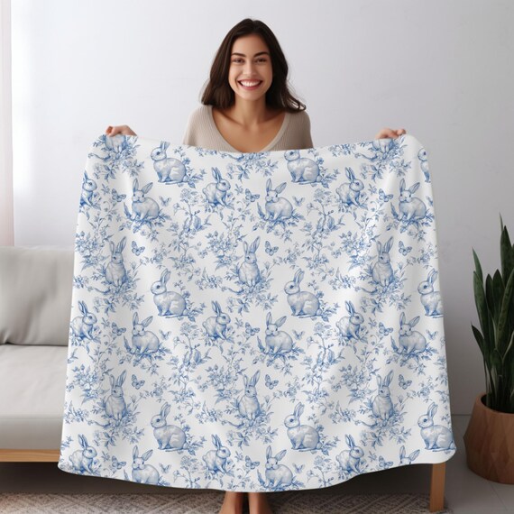 Vintage Chinoiserie Bunny Blanket, Blue Toile Rabbit Throw, Soft Plush Easter Blanket, Cottagecore Spring Decor Gift