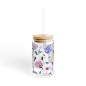 Hydrangea and Hummingbird Coffee Glass Tumbler, 16oz Mom Birthday Gift Flowers Birds Sipper Eco-friendly