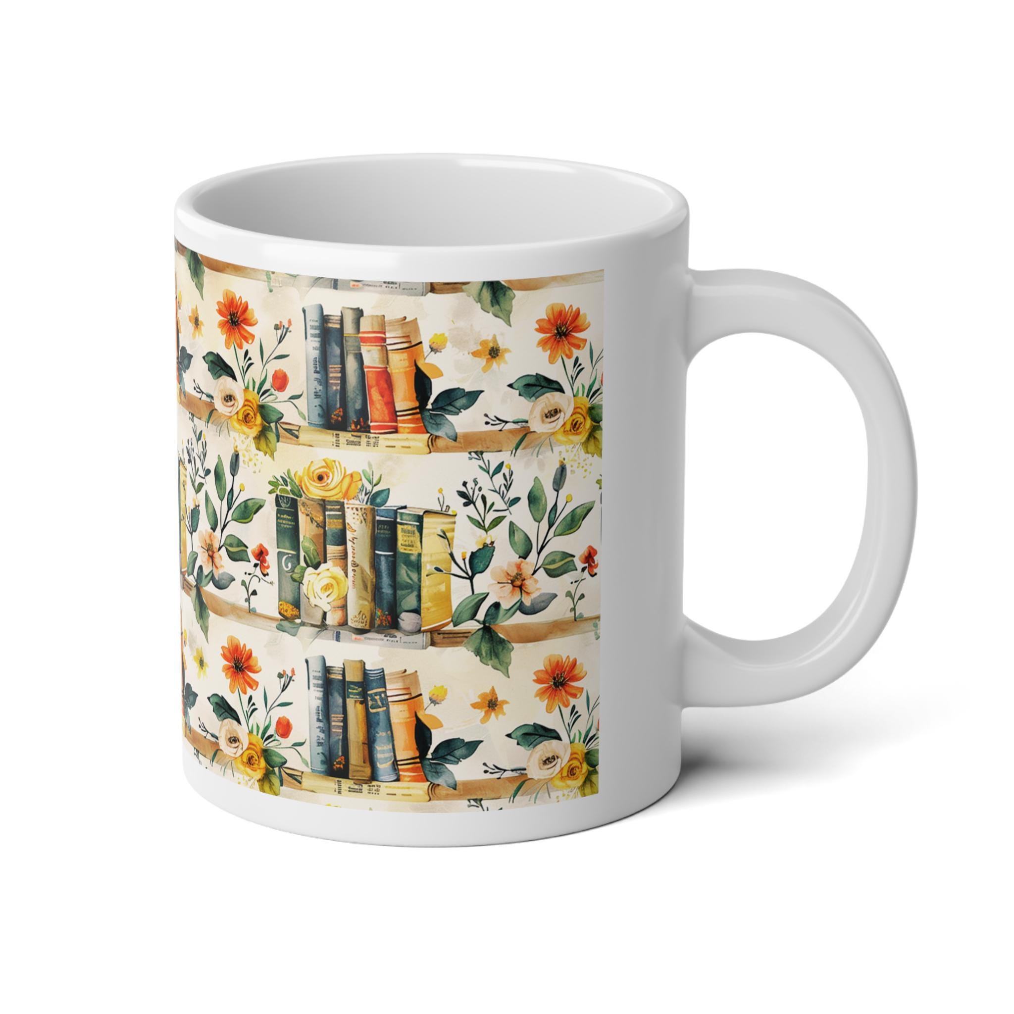 Book Lover Mug 20oz Ceramic, Vintage Floral Bookshelf Coffee Cup
