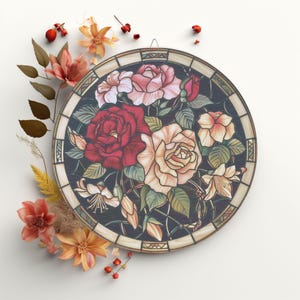 Wall Art Wood Sign | Rose June Birth Flower Decor | Stained Glass Boho Botanical Print | Vintage Farmhouse Gift | Round Wood Wall Decor