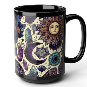 Boho Celestial Mug | Witchy Sun and Moon Black Ceramic Coffee Cup (15oz) | Astrology and Spiritual Gift for Tea & Coffee Lovers