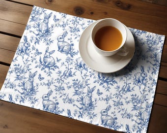 Chinoiserie Bunny Placemat: Blue & White Cotton Easter Table Decor