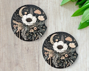 Set di sottobicchieri per auto con motivo floreale Boho Moon / Inserti assorbenti per portabicchieri / Decorazioni per auto con fiori mistici e luna / Accessori per auto