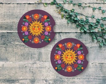 Posavasos para coche Celestial Sun: decoración bohemia de esteatita absorbente para coche