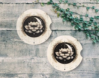 Posavasos para coche con diseño de flor de loto: diseño bohemio de luna, cerámica absorbente