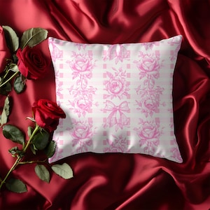 Pink Toile Rose Pillow | Coquette Bow Throw Pillow | Floral Cottagecore Decor | Shabby Chic Pillow | French Country Accent Pillow