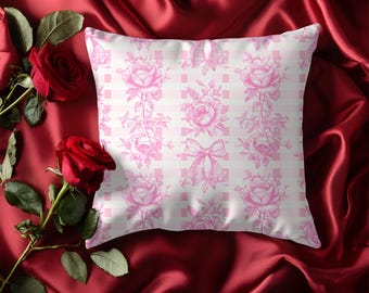 Pink Toile Rose Pillow | Coquette Bow Throw Pillow | Floral Cottagecore Decor | Shabby Chic Pillow | French Country Accent Pillow