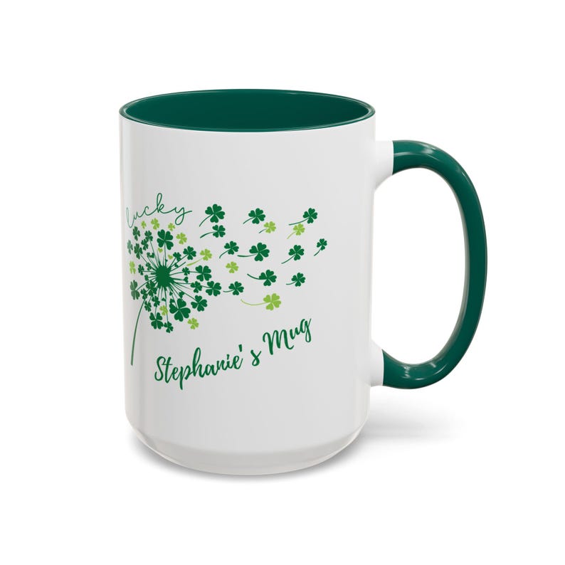 Green Interior & Handle Coffee Cup with Irish Shamrock Design