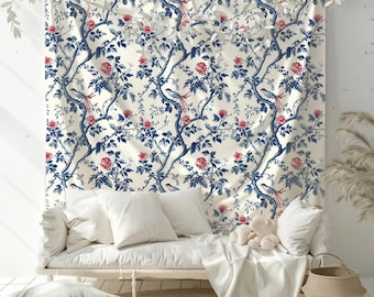 Bird Chinoiserie Tapestry, Cottagecore Floral Wall Art, Boho Botanical Home Decor