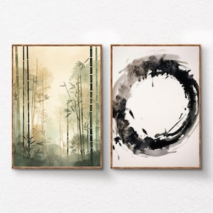 Zen Wall Art Set Bamboo Forest and Enso Circle Printable Art, Japanese Minimalist Wall Decor, Meditation Room Digital Download Prints
