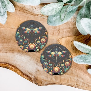 Dragonfly Car Coaster, Boho Floral Starry Night Cup Holder Insert | Mystical Car Accessories Gift for Her | Absorbent Stone Set