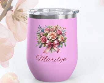 Personalized Wine Tumbler, Custom Rose Birthflower Stainless Steel Cup 12oz