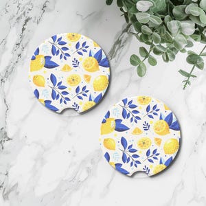 Zitronen-Auto-Untersetzer-Set, saugfähiger Stein-Zitrusschalenhalter-Untersetzer | Blau Gelb Tile Sommer Auto Zubehör Geschenk für Sie