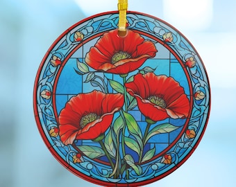 Stained Glass Poppy Ornament: August Birth Flower, Botanical Decor