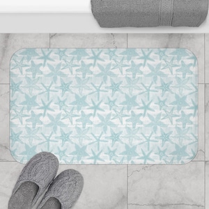 Coastal Starfish Bath Mat | Aqua Beach Bathroom Rug | Ocean Mosaic Memory Foam Mat | Nautical Sea Life Decor | Non-Slip Soft Mat