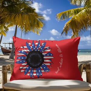 Red White & Bloom Pillow, Patriotic Sunflower Lumbar Cushion, 4th of July Decor, USA Flag Throw Pillow, Americana Summer Gift