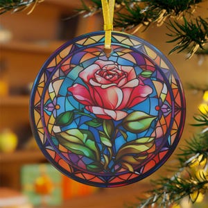June Birth Flower Rose Ornament | Faux Stained Glass Rose Decoration | June Birthday Gift | Romantic Floral Glass Ornament