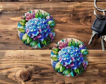 Autoonderzetter hortensia: bloemen in glas-in-lood, speksteen bekerhouder (set van 2)