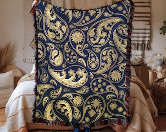 Boho Woven Cotton Throw Blanket: Gold Paisley Tapestry Wall Hanging