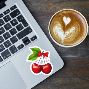 Cherry Bow Sticker - Cute Aesthetic Car Decal, Laptop, Luggage & Water Bottle Vinyl Sticker - Retro Kawaii Red Cherries Decal