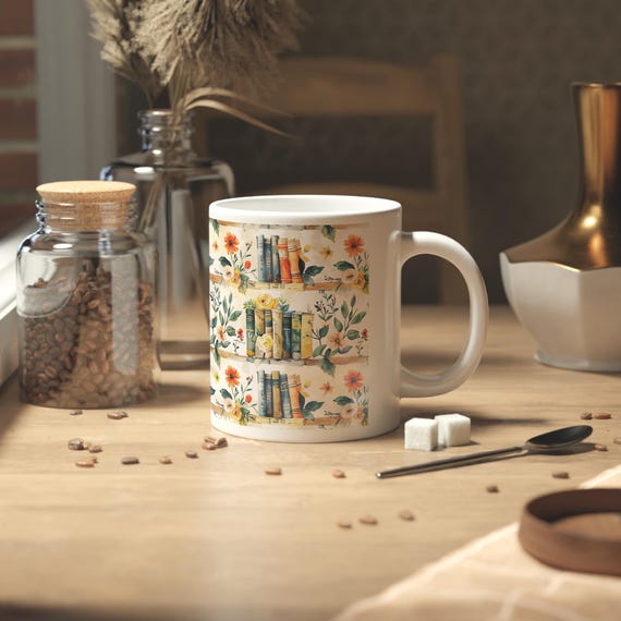 Book Lover Mug 20oz Ceramic, Vintage Floral Bookshelf Coffee Cup