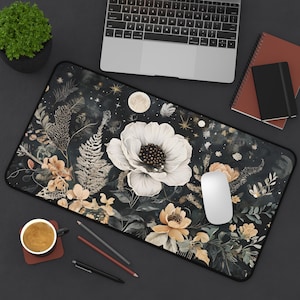 Celestial Desk Mat, Moon Stars Desk Pad, Dark Floral Mouse Pad, Witchy Gaming Mat, Aesthetic Office Decor, Large Mouse Pad, Floral Desk Mat