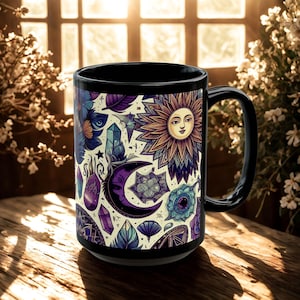 Boho Celestial Mug | Witchy Sun and Moon Black Ceramic Coffee Cup (15oz) | Astrology and Spiritual Gift for Tea & Coffee Lovers