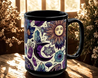 Boho Celestial Mug | Witchy Sun and Moon Black Ceramic Coffee Cup (15oz) | Astrology and Spiritual Gift for Tea & Coffee Lovers