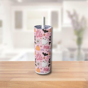 Halloween Coquette Tumbler 20oz Pink Ghost Pumpkin | Retro Aesthetic Skinny Cup | Spooky Cute Fall Drinkware | Halloween Gift for Her