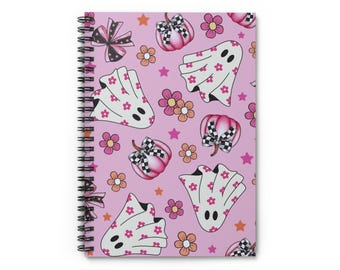 Ghosts & Pink Pumpkin Spiral Notebook | Floral Halloween Journal | Pastel Goth Stationery for School, Journaling, and Gifts