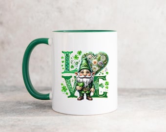 St. Patricks Day Gnome Mug, Irish Coffee Mug, Shamrock Love Cup, Cute Leprechaun Gift, Green Clover Mug, Lucky Charm Mug, 11oz 15oz