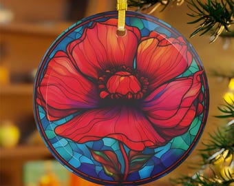Poppy Faux Stained Glass Ornament: August Birth Flower Decoration