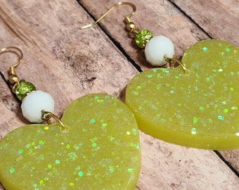 Yellow Glitter Hearts - Beaded Resin Statement Earrings