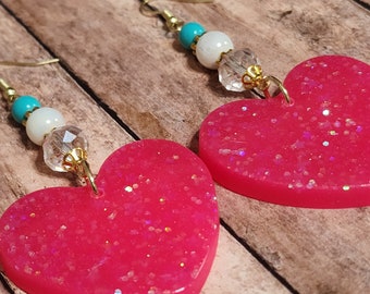 Hot Pink Glitter Hearts - Resin Statement Earrings - Beaded