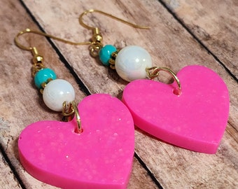 Hot Pink Glitter Hearts - Resin Statement Earrings