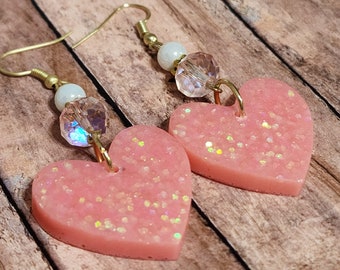 Pastel Pink Glitter Hearts - Beaded Resin Statement Earrings