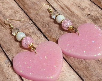 Pink Glitter Hearts - Resin Statement Earrings - Beaded - Valentine's Day