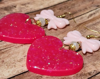 Hot Pink Glitter Hearts - Resin Statement Earrings - Bows - Beaded